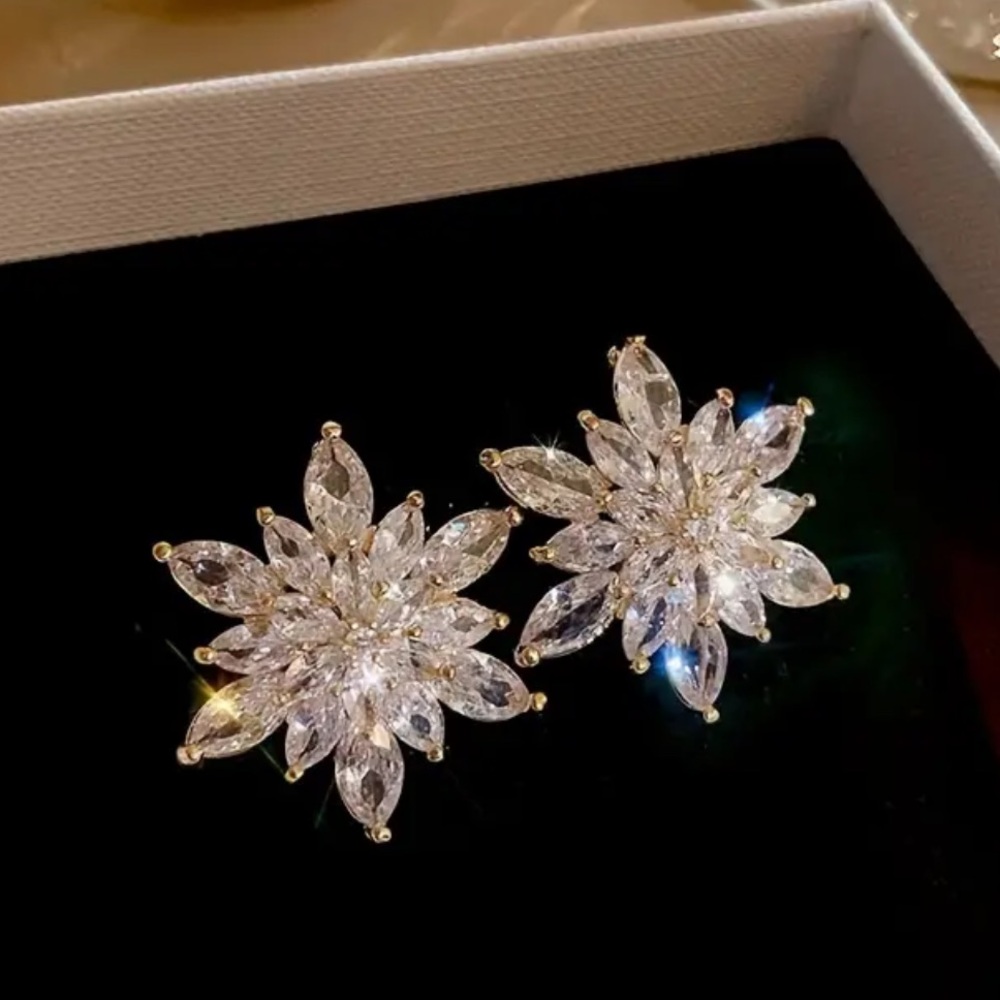 Gold Crystal Floral Statement Earrings Sparkling Holiday Wedding Jewelry - Picture 4 of 5